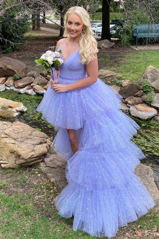 Formal Wear Dresses/Glitter Hi-Low Lavender Tiered Tulle Prom Dress/Prom Dresses Stores