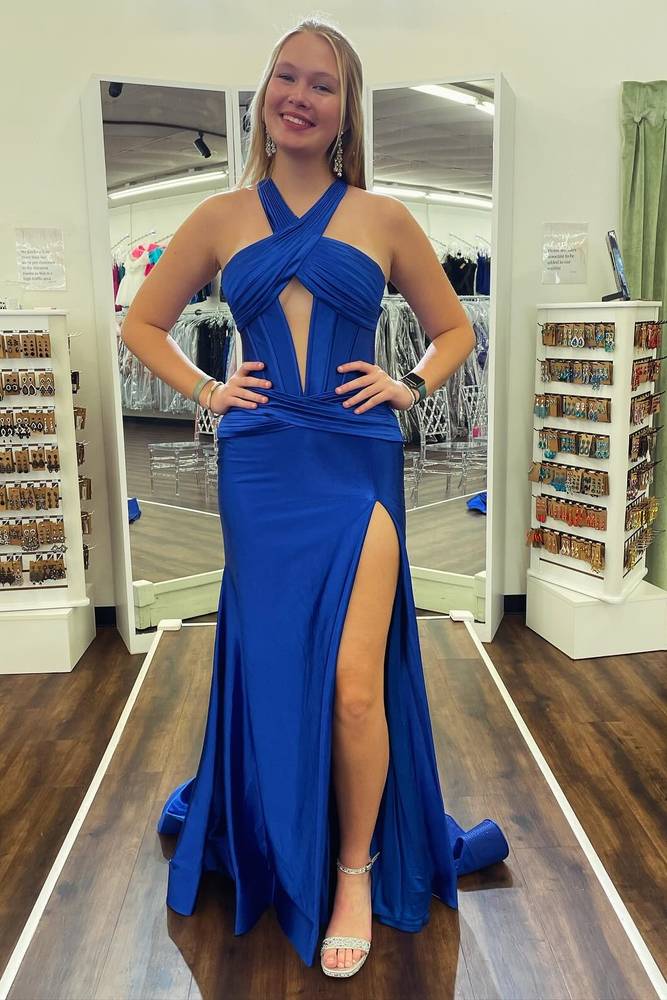 Formal Wear Dresses/Green Satin Mermaid Slit Prom Dress with Criss Cross Neck