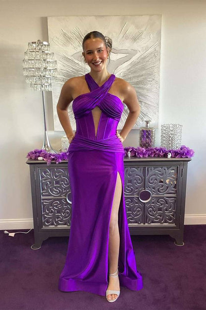 Formal Wear Dresses/Green Satin Mermaid Slit Prom Dress with Criss Cross Neck