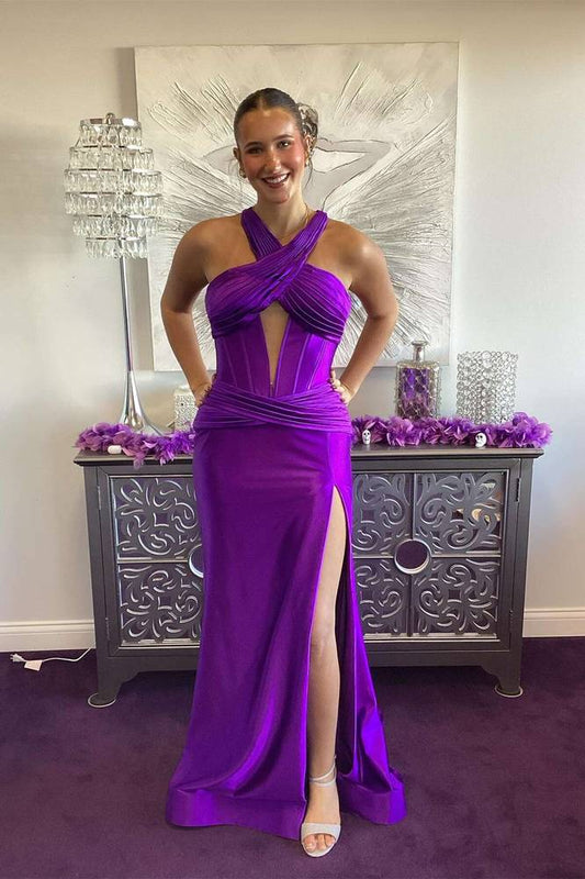 Formal Wear Dresses/Green Satin Mermaid Slit Prom Dress with Criss Cross Neck