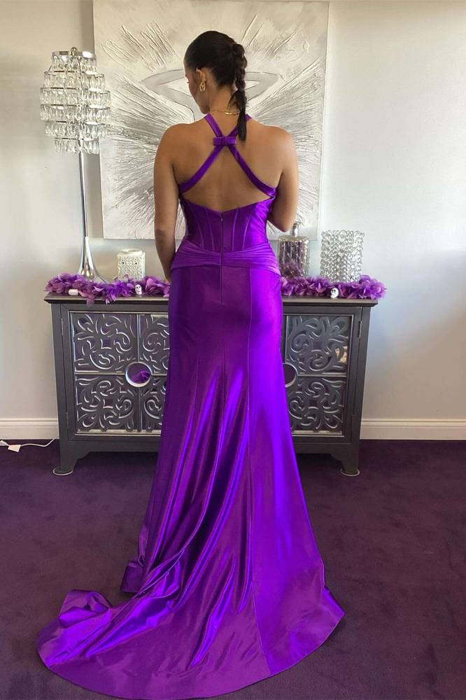 Formal Wear Dresses/Green Satin Mermaid Slit Prom Dress with Criss Cross Neck