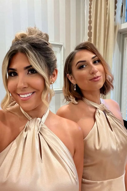 Formal Wear Dresses/Halter Champagne Silk Long Bridesmaid Dress