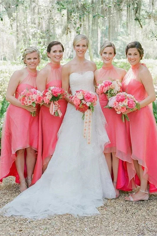Formal Wear Dresses/Halter Coral High Low Bridesmaid Dress