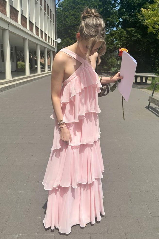 Formal Wear Dresses/Halter Pink Chiffon Ruffle Party Prom Dress