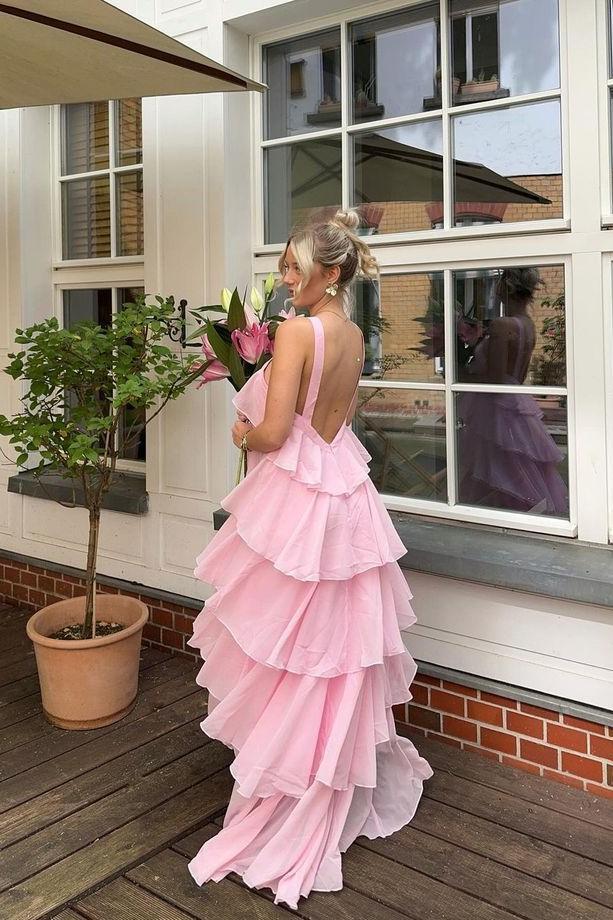 Formal Wear Dresses/Halter Pink Chiffon Ruffle Party Prom Dress