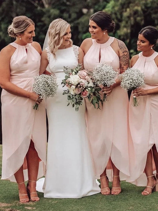 Formal Wear Dresses/Halter Pink Wrap Bridesmaid Dress with Keyhole