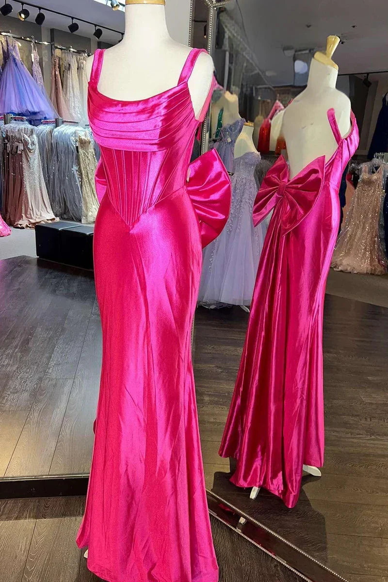 Formal Wear Dresses/Hot Pink Pleated Mermaid Prom Dress with Bow