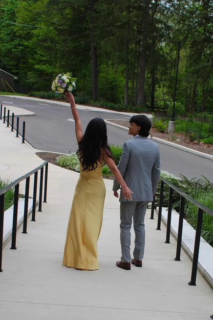 Formal Wear Dresses/Knot Front Yellow Satin Fitted Long Party Prom Dress