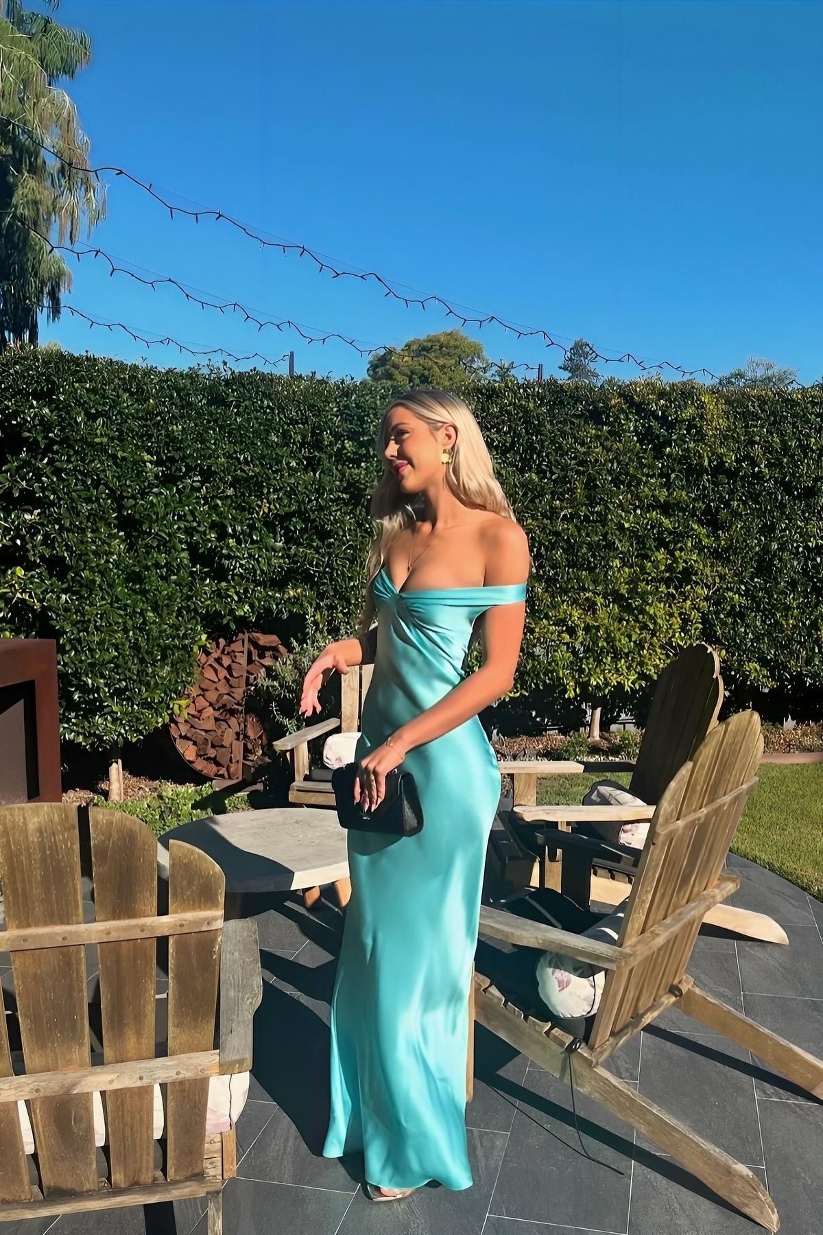 Formal Wear Dresses/Off the Shoulder Aqua Silk Long Party Prom Dress