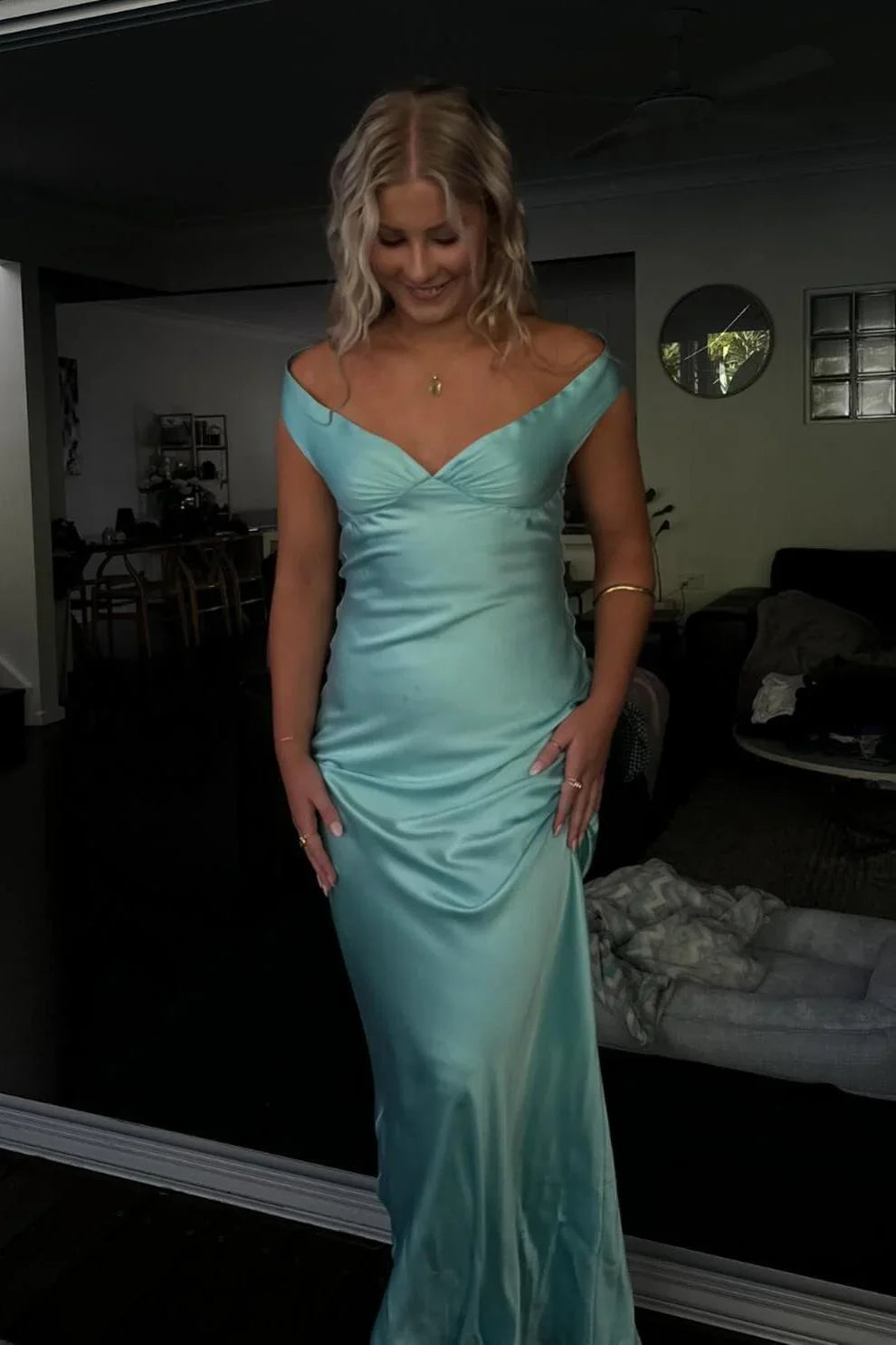 Formal Wear Dresses/Off the Shoulder Aqua Silk Long Party Prom Dress