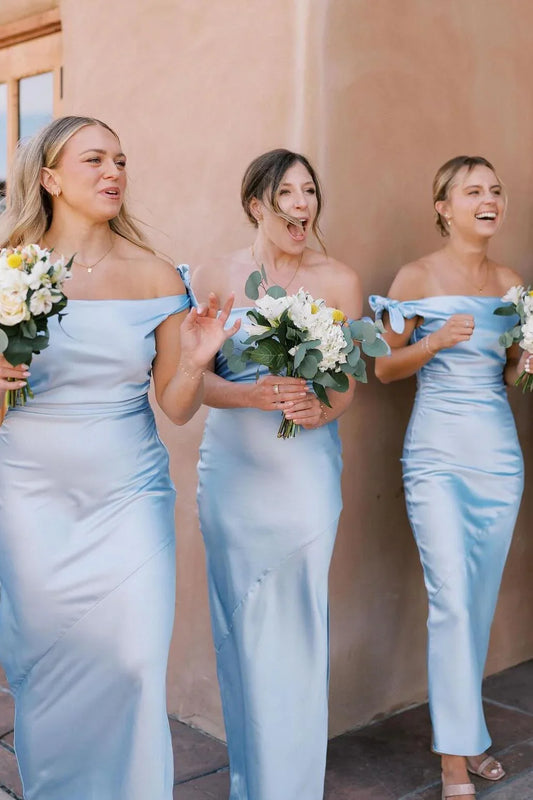 Formal Wear Dresses/Off the Shoulder Light Blue Sheath Bridesmaid Dress