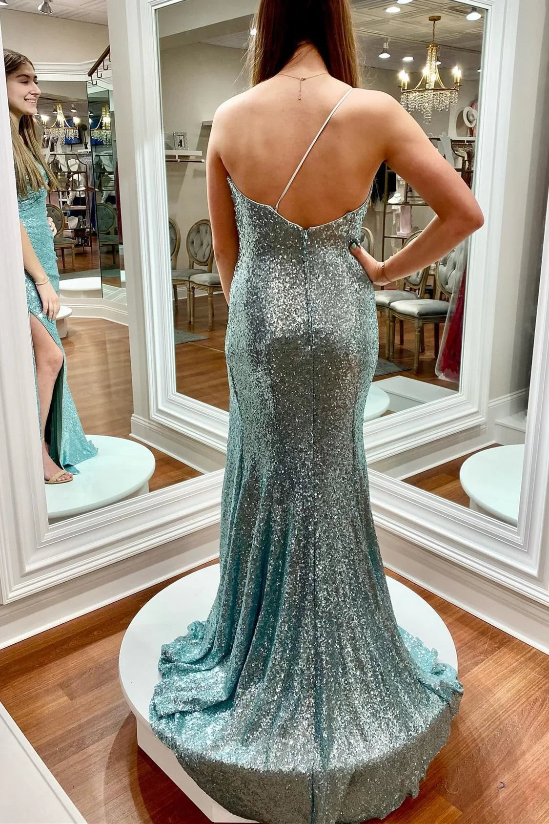 Formal Wear Dresses One Shoulder Backless Light Blue Sequin Mermaid Long Formal Dress Prom Dress Stores With Prom Dresses ﻿