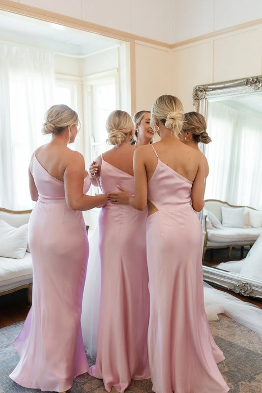 Formal Wear Dresses/One Shoulder Pink Cutout Fitted Bridesmaid Dress