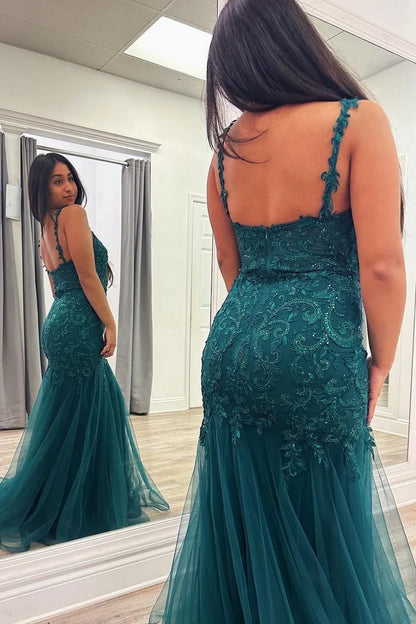 Formal Wear Dresses/Peacock Mermaid V-Neck Appliques Tulle Long Prom Dress/Prom Dresses Stores