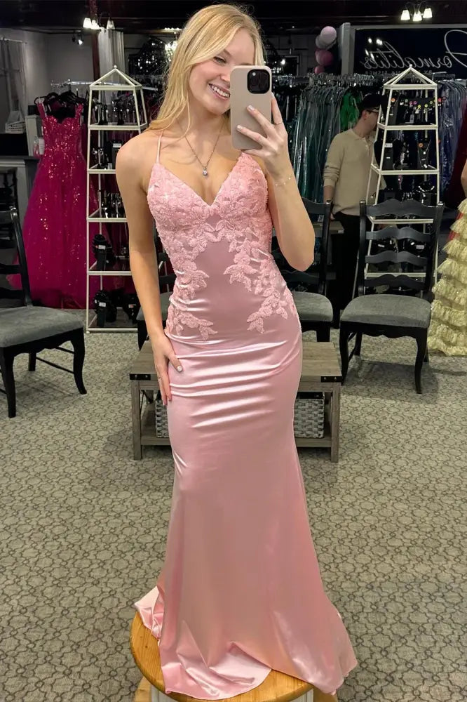 Formal Wear Dresses/Pink Applique Satin Mermaid Prom Dress with Spaghetti Straps