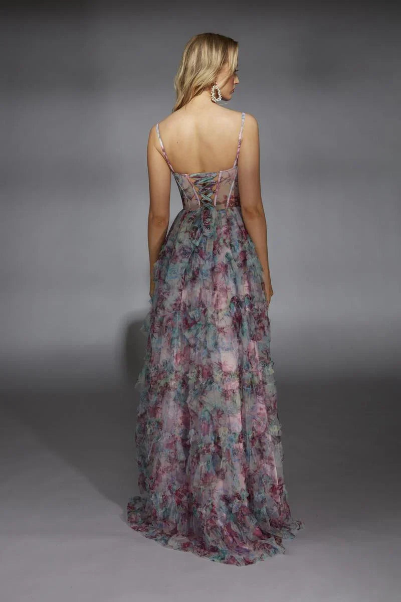 Formal Wear Dresses Printing A-line Sleeveless Prom Dress Off-the-Shoulder Pleated Tiered Floor Length With Slit Prom Dress Prom Dresses Stores