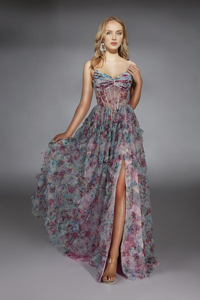 Formal Wear Dresses Printing A-line Sleeveless Prom Dress Off-the-Shoulder Pleated Tiered Floor Length With Slit Prom Dress Prom Dresses Stores