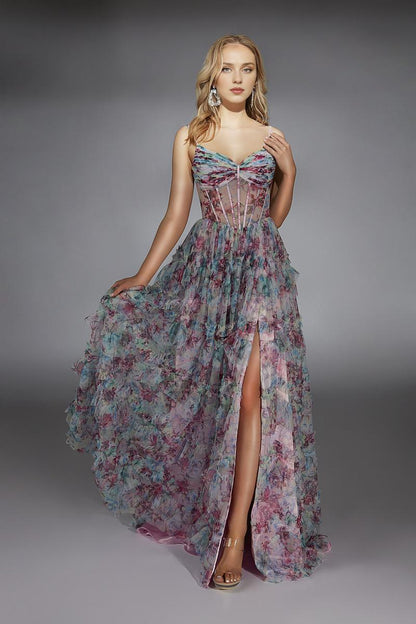 Formal Wear Dresses Printing A-line Sleeveless Prom Dress Off-the-Shoulder Pleated Tiered Floor Length With Slit Prom Dress Prom Dresses Stores