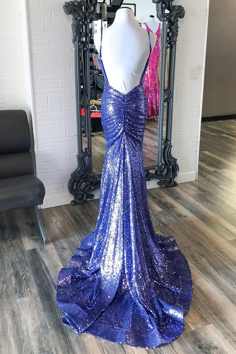 Formal Wear Dresses Purple Sequin Mermaid Backless Long Prom Dress with Open Back Prom Dress Stores With Prom Dresses