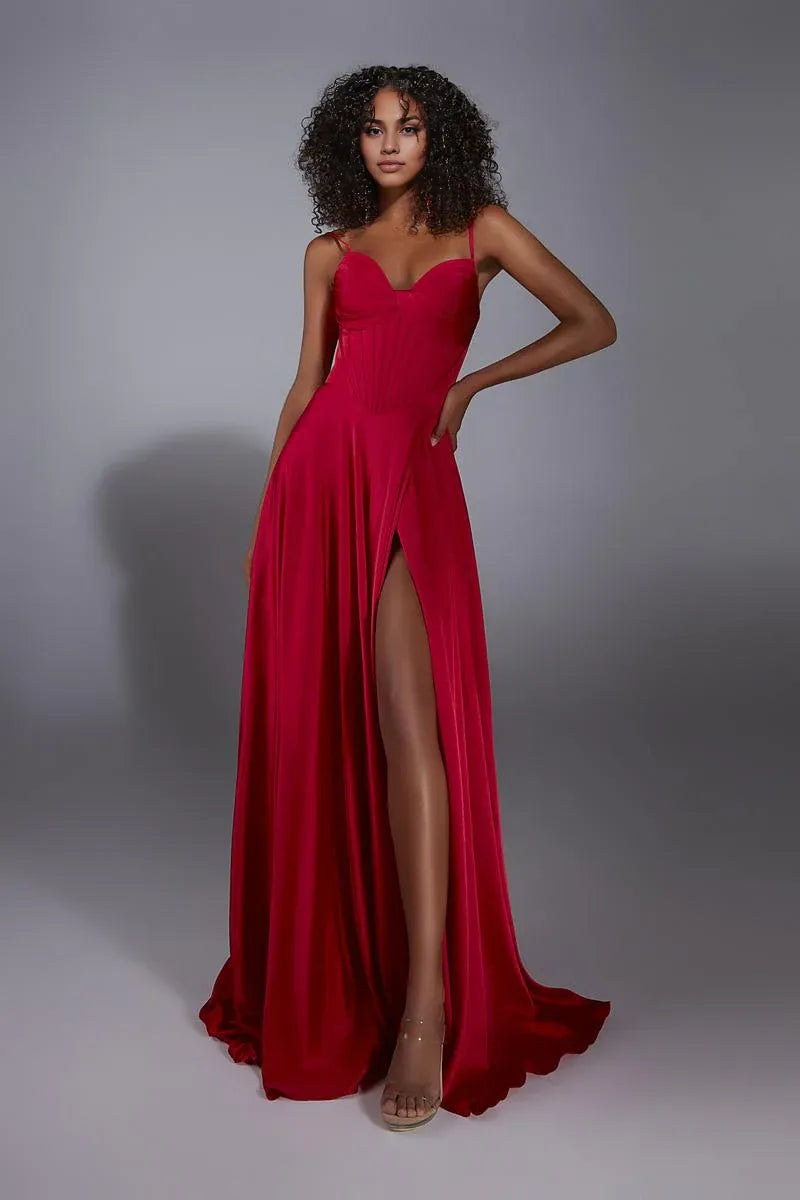 Formal Wear Dresses Red Simple A-line Sleeveless Prom Dress Off-the-Shoulder Pleated Floor Length With Slit Prom Dress Prom Dresses Stores