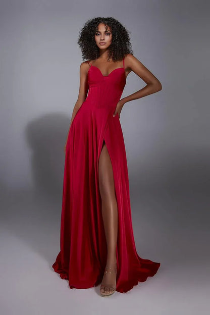 Formal Wear Dresses Red Simple A-line Sleeveless Prom Dress Off-the-Shoulder Pleated Floor Length With Slit Prom Dress Prom Dresses Stores