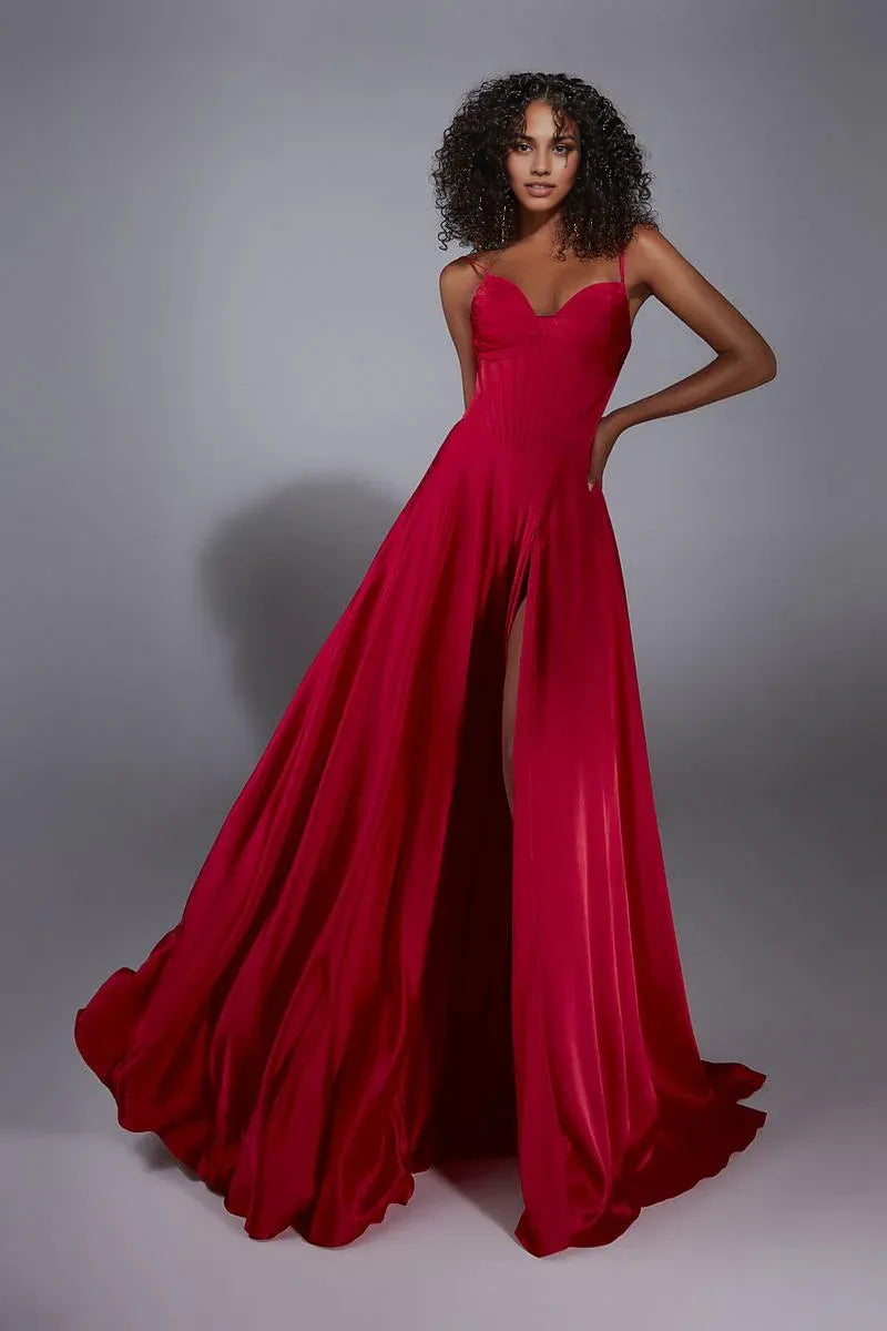 Formal Wear Dresses Red Simple A-line Sleeveless Prom Dress Off-the-Shoulder Pleated Floor Length With Slit Prom Dress Prom Dresses Stores