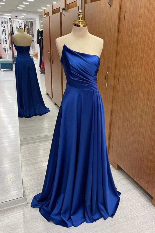 Formal Wear Dresses/Royal Blue Satin Strapless Pleated Long Prom Dress/Prom Dresses Stores