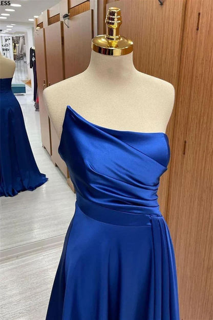 Formal Wear Dresses/Royal Blue Satin Strapless Pleated Long Prom Dress/Prom Dresses Stores