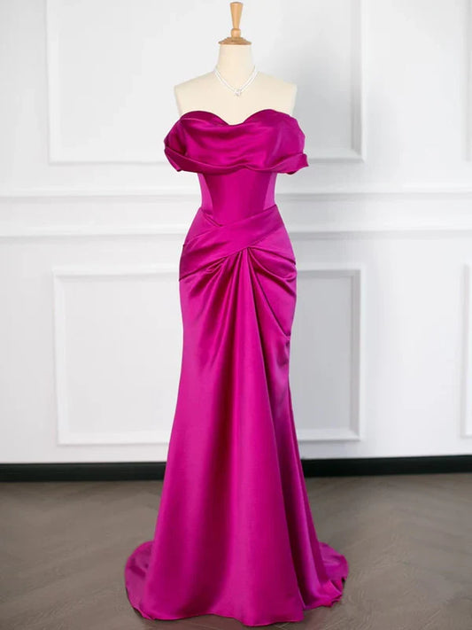 Formal Wear Dresses/ Sexy Mermaid Off The Shoulder Hot Pink Satin Prom Dresses Party Evening Dress With Ruffles Evening Dress/ Evening Dresses For Women