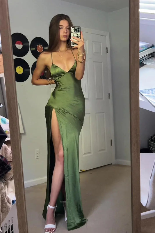 Formal Wear Dresses/Sexy Straps Green Soft Satin Long Prom Dress