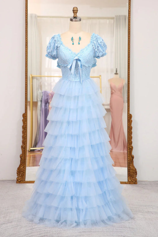 Formal Wear Dresses Short Sleeves Blue Lace and Tulle Tiered Dress Prom Dress Stores With Prom Dresses