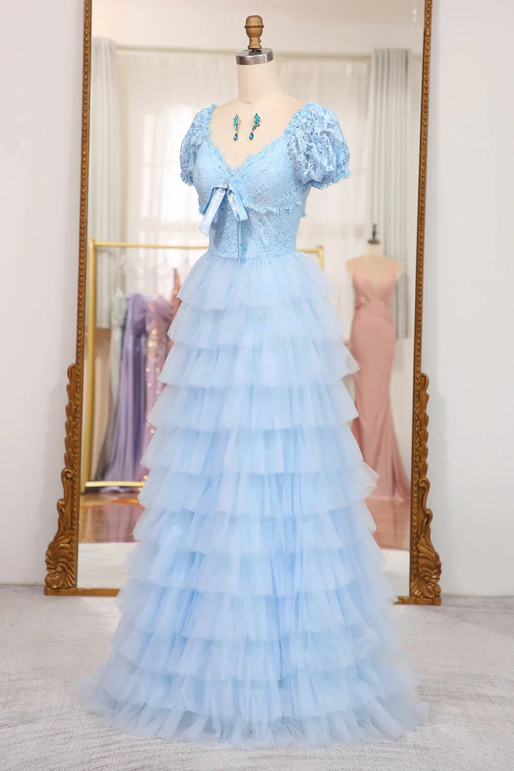 Formal Wear Dresses Short Sleeves Blue Lace and Tulle Tiered Dress Prom Dress Stores With Prom Dresses