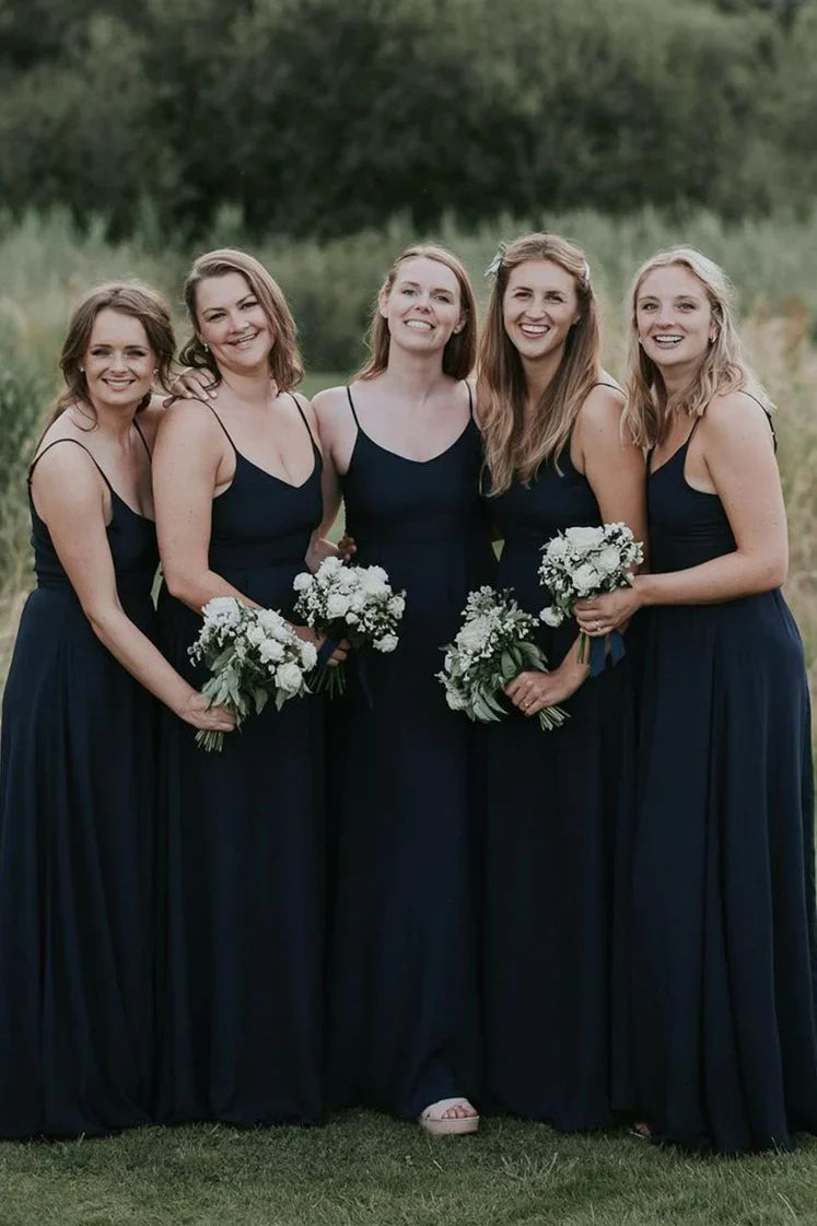 Formal Wear Dresses/Simple Dark Navy V-Neck Long Bridesmaid Dress