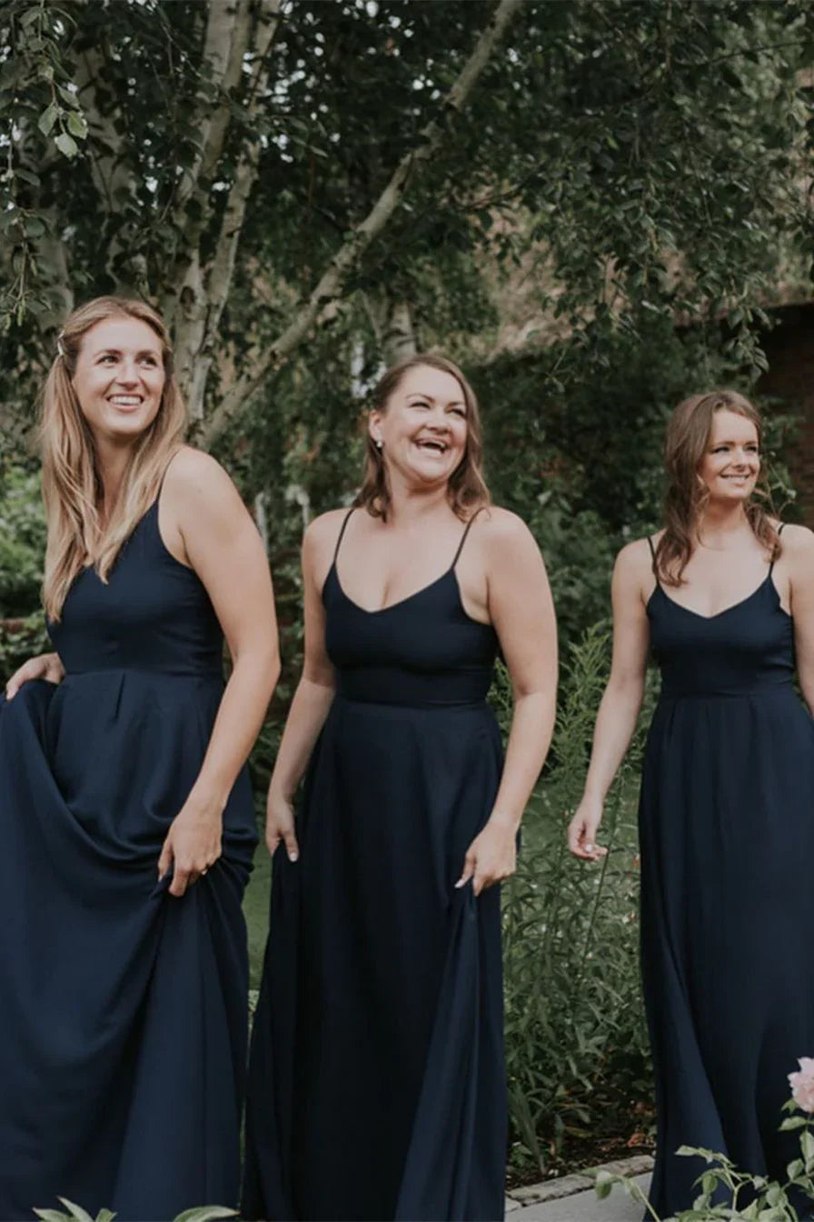 Formal Wear Dresses/Simple Dark Navy V-Neck Long Bridesmaid Dress