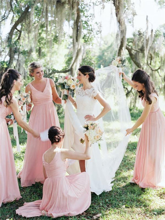 Formal Wear Dresses/Simple Pink Chiffon Long Bridesmaid Dress with V Neck