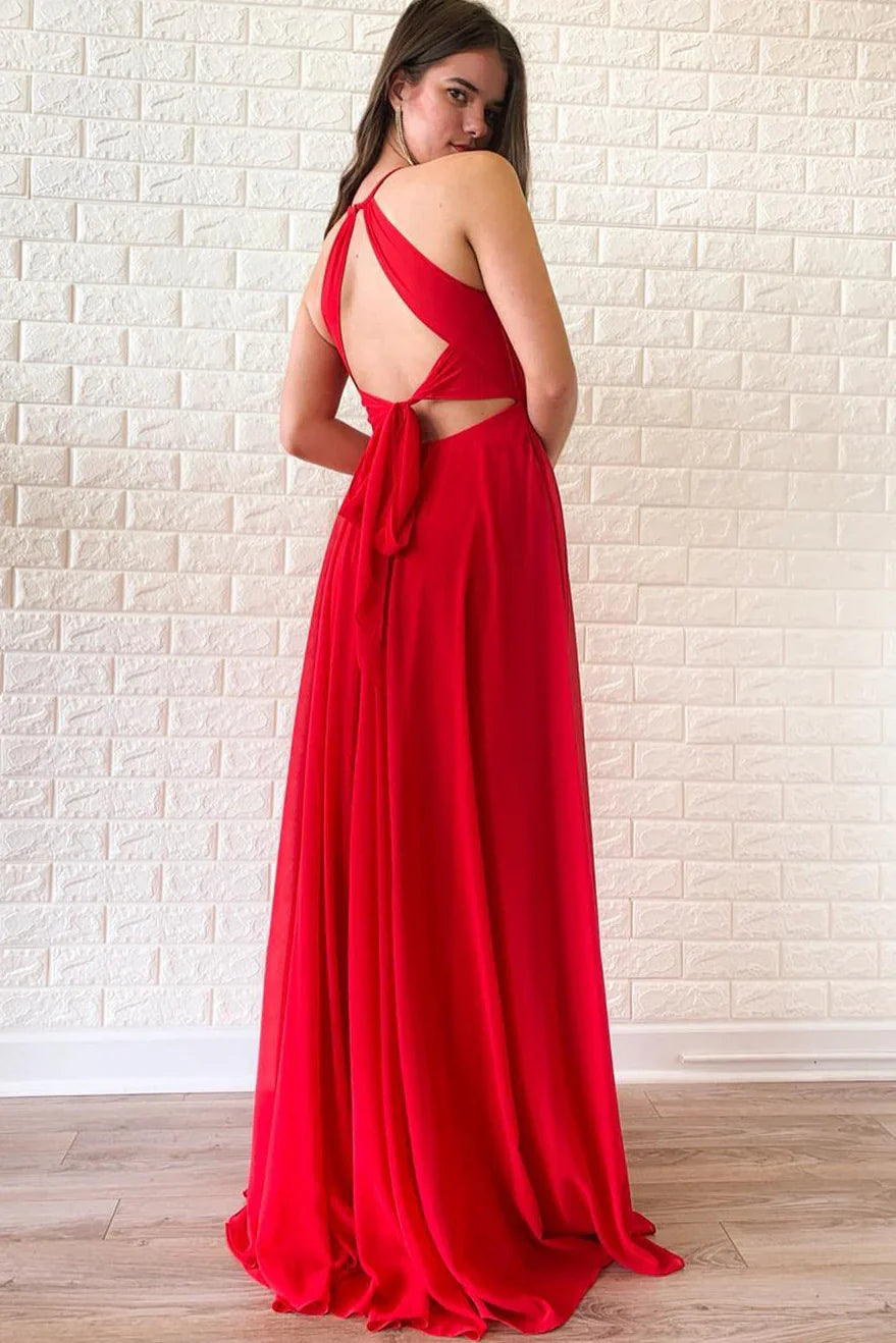Formal Wear Dresses/Simple Red Long Prom Dress with Tie Back