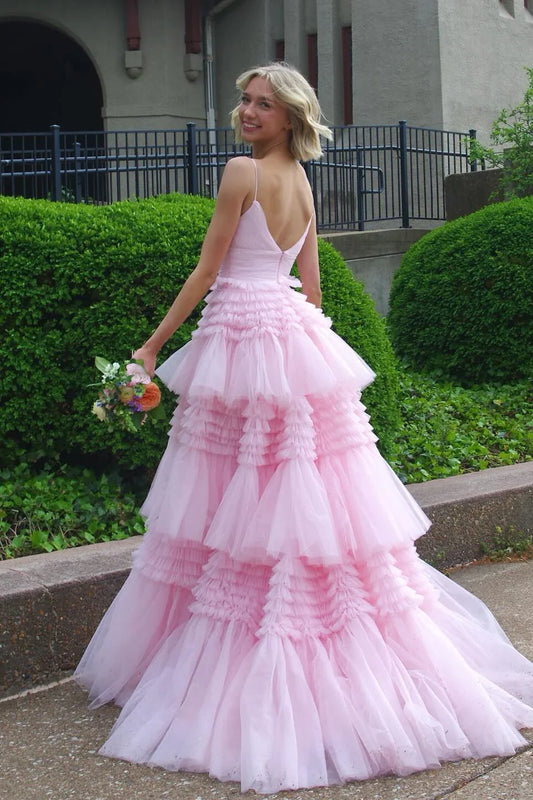 Formal Wear Dresses Spaghetti Straps Light Blue Tulle Ruffles A-line Formal Gown Prom Dress Stores With Prom Dresses