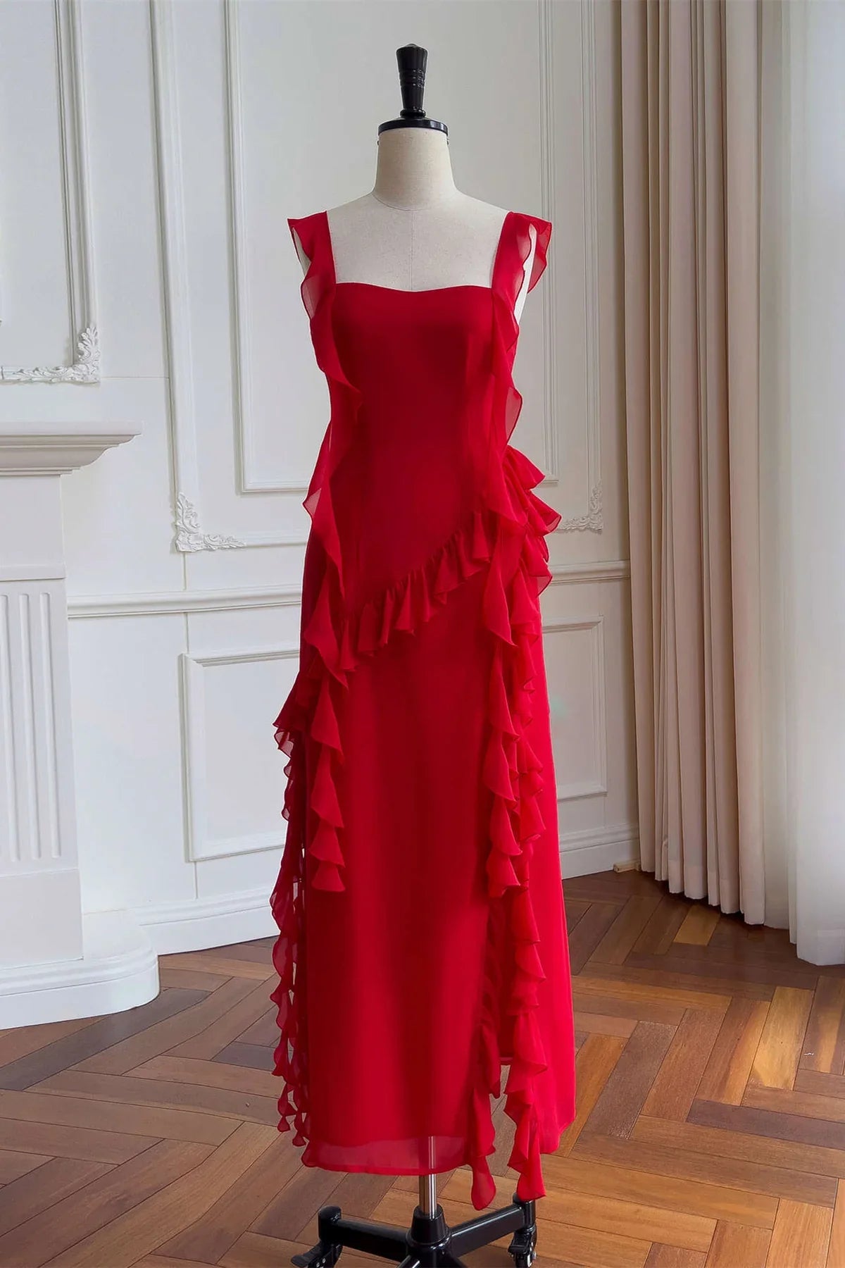 Formal Wear Dresses/Square Neck Red Ruffle Chiffon Long Party Dress Prom Dress/Prom Dresses Stores