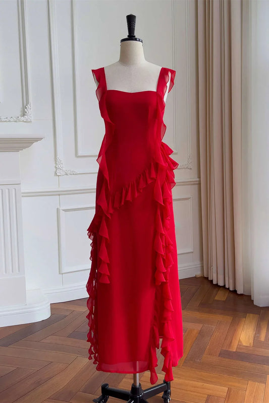 Formal Wear Dresses/Square Neck Red Ruffle Chiffon Long Party Dress Prom Dress/Prom Dresses Stores