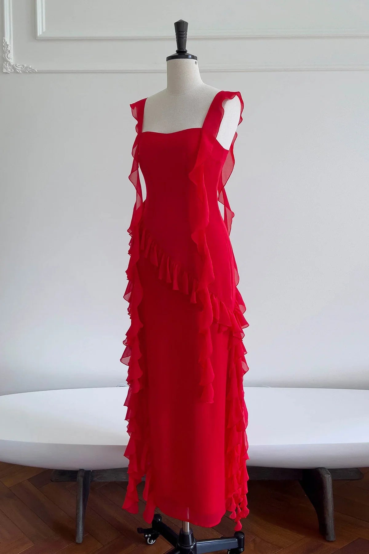 Formal Wear Dresses/Square Neck Red Ruffle Chiffon Long Party Dress Prom Dress/Prom Dresses Stores