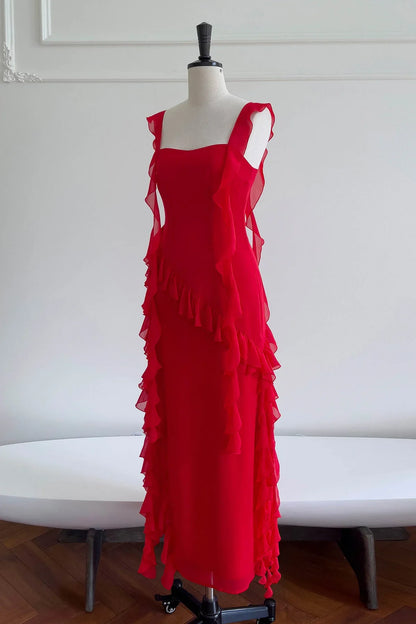Formal Wear Dresses/Square Neck Red Ruffle Chiffon Long Party Dress Prom Dress/Prom Dresses Stores