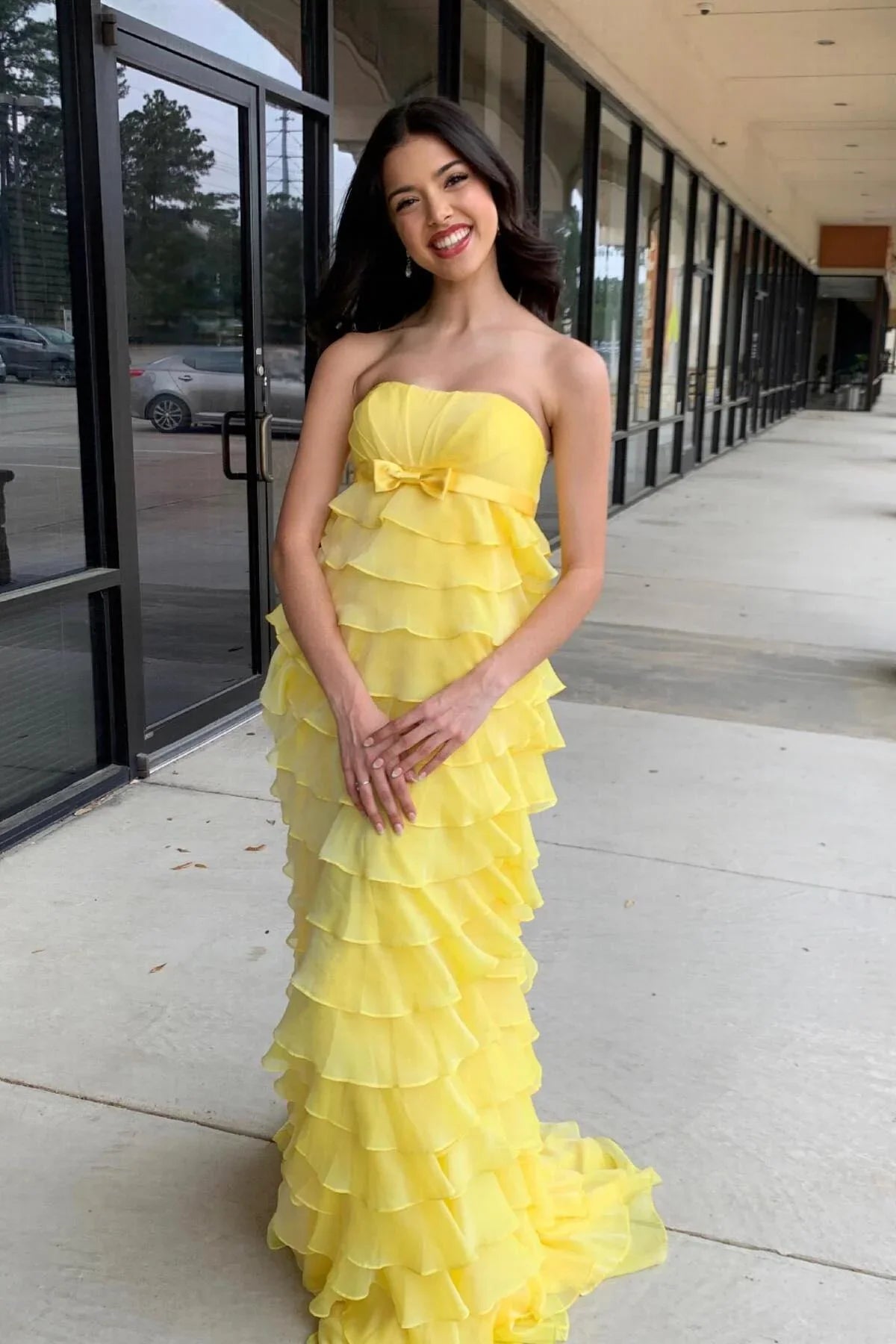 Formal Wear Dresses/Strapless Yellow Chiffon Tiered Ruffles Long Party Prom Dress