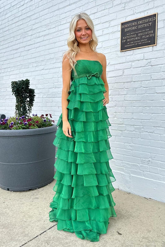 Formal Wear Dresses/Strapless Yellow Chiffon Tiered Ruffles Long Party Prom Dress