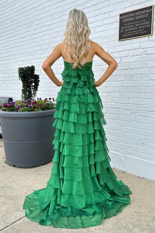 Formal Wear Dresses/Strapless Yellow Chiffon Tiered Ruffles Long Party Prom Dress