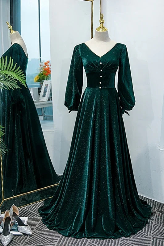 Formal Wear Dresses V Neck Long Sleeves Green Velvet Long Formal Dress Prom Dress Stores With Prom Dresses