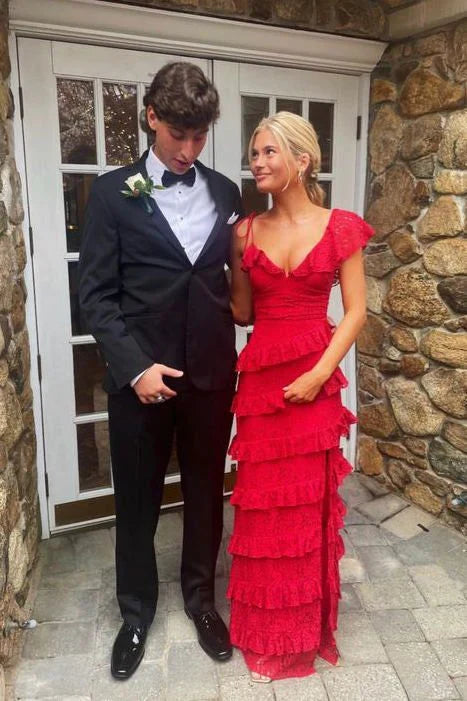 Dress Formal Women's Dresses Red Lace Long Prom Dress Tiered Evening Dresses Graduation Party dress Prom Dress Stores
