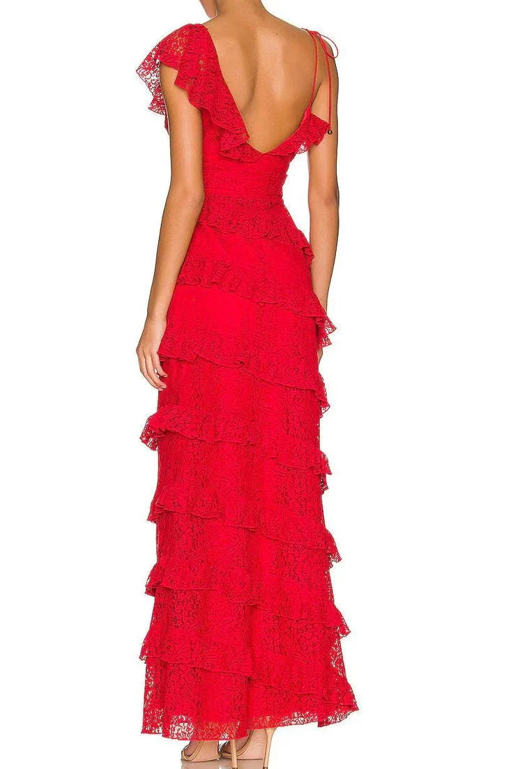 Dress Formal Women's Dresses Red Lace Long Prom Dress Tiered Evening Dresses Graduation Party dress Prom Dress Stores