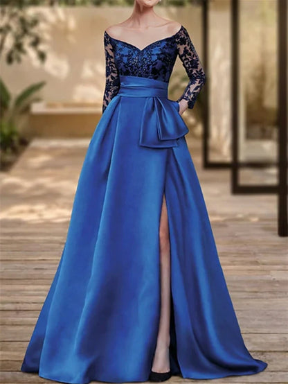 Formal Women's Dresses A-Line/Princess V-Neck Long Sleeves Floor-Length Evening Dresses with Slit Prom Dress Prom Dress Shops