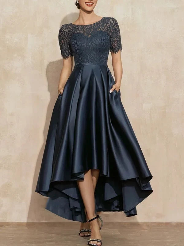 Formal Women's Dresses A-Line Scoop Neck Asymmetrical Satin Lace Mother of the Bride Dress With Pockets Free Custom Size Mother of the Bride Dress