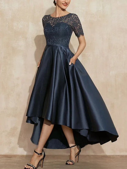 Formal Women's Dresses A-Line Scoop Neck Asymmetrical Satin Lace Mother of the Bride Dress With Pockets Free Custom Size Mother of the Bride Dress